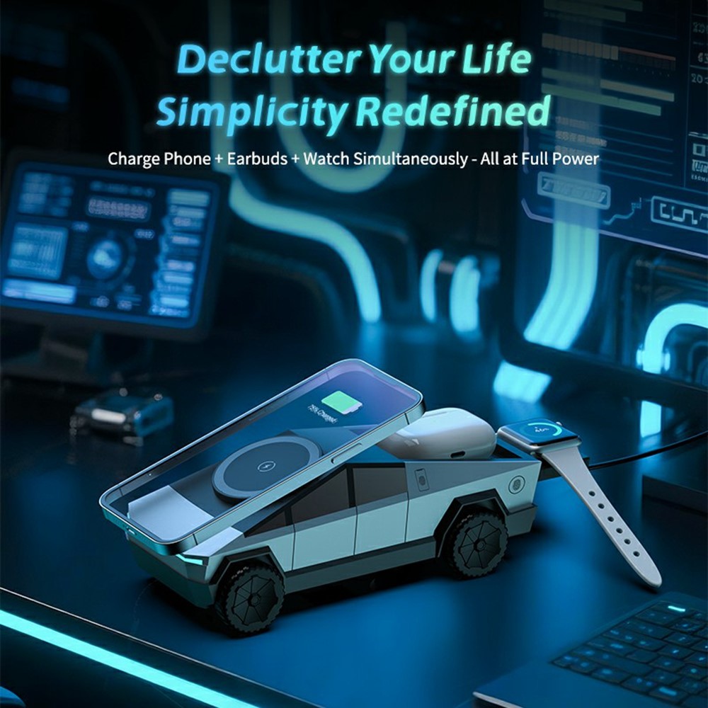 15W Car Shape 3 in 1 Wireless Charging Station Qi2 Desktop Charger for Earphone / Watch / Phone - Silver - Image 3