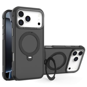 For iPhone 17 Pro Semi-transparent Frosted Back Cover Skin-friendly TPU PC Case with 360° Magnetic Rotating Kickstand – Black