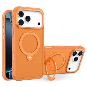 For iPhone 17 Pro Semi-transparent Frosted Back Cover Skin-friendly TPU PC Case with 360° Magnetic Rotating Kickstand – Orange