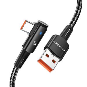 ESSAGER 1m Elbow Design USB to Type-C 7A Fast Charging Cable Braided Cell Phone Charge Line Data Transmission Cord – Black
