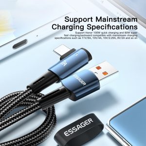 ESSAGER 1m Elbow Design USB to Type-C 7A Fast Charging Cable Braided Cell Phone Charge Line Data Transmission Cord – Black
