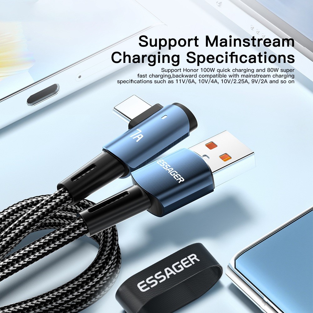 ESSAGER 2m USB to Type-C Cord Support 7A Fast Charging Elbow Design Braided 480Mbps Data Transmission Cable - Black - Image 2