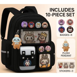 Labubu School Bag Black 40cm with Free Pocket,Pendant & Timetable