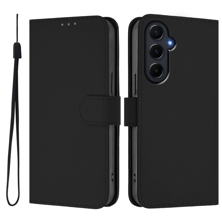 Samsung Galaxy A55 5G Skin Feel Solid Color Leather Phone Case with Lanyard(Black) - Image 2