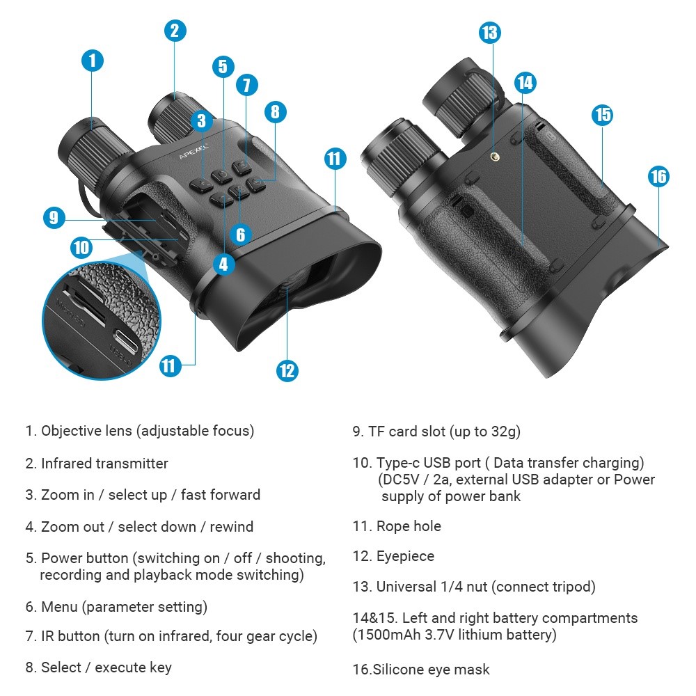APEXEL APL-NV008 12X Digital Zoom IR Night Vision Binoculars Multi-Layer Coated Night Vision Device with 5 IR Level Adjustable - Image 6
