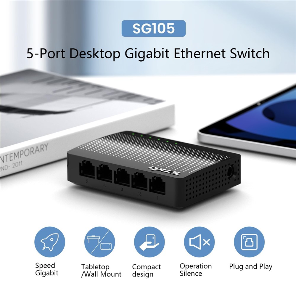 TENDA SG105 5-Port Gigabit Ethernet Switch 1 to 5 Ethernet Splitter Desktop / Wall-Mounting 5 Way Network Hub, Overseas Version - Black - Image 3