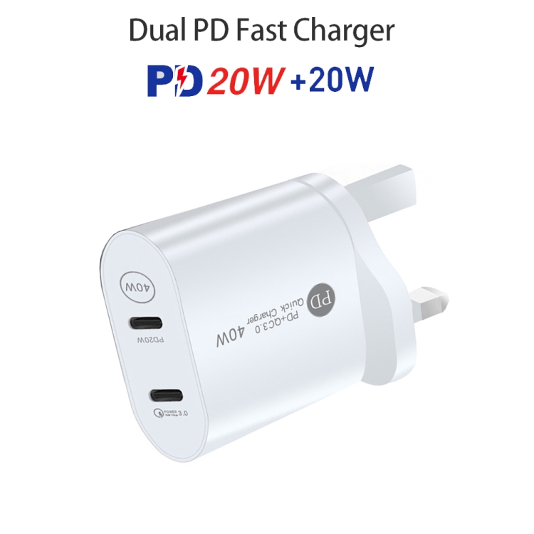 40W Dual Port PD USB-C / Type-C Fast Charger for iPhone / iPad Series, UK Plug(White) - Image 2