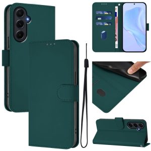 Samsung Galaxy A55 5G Skin Feel Solid Color Leather Phone Case with Lanyard(Dark Green)