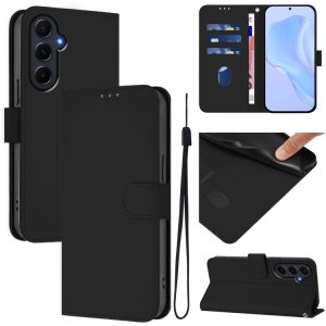 Samsung Galaxy A55 5G Skin Feel Solid Color Leather Phone Case with Lanyard(Black)