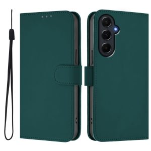 Samsung Galaxy A55 5G Skin Feel Solid Color Leather Phone Case with Lanyard(Dark Green)