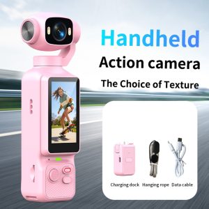 LK-033 1.97 Inch Action Camera 4K Handheld Vlog Video Recorder 180 Degree Flip Screen Sports Camera with Charging Case – Pink