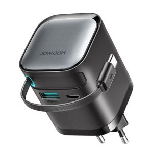Joyroom Travel Charger GaN Fast Charger C+U, 65W, PD 3.0, QC 3.0, with Bulit-in Retractable Type-C cable (0.7m) Black (JR-TCL02)