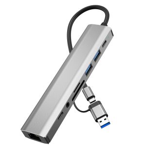 2509 USB-C / USB Hub 9 in 1 Docking Station RJ45 USB3.0 USB2.0 USB-C2.0 3.5mm DC5V SD / TF Card Reader Adapter