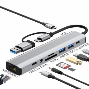 2509 USB-C / USB Hub 9 in 1 Docking Station RJ45 USB3.0 USB2.0 USB-C2.0 3.5mm DC5V SD / TF Card Reader Adapter