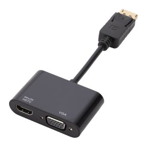 DP Male to HD + VGA Female 2 in 1 4K Dual Display Adapter for Laptop Desktop Computer Monitor Projector – Black