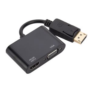 DP Male to HD + VGA Female 2 in 1 4K Dual Display Adapter for Laptop Desktop Computer Monitor Projector – Black