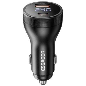 ESSAGER USB A + Type C Car Charger 100W Super Fast Charging Adapter with Digital Display – Black