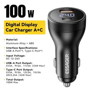 ESSAGER USB A + Type C Car Charger 100W Super Fast Charging Adapter with Digital Display – Black