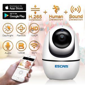 ESCAM PVR008 HD Safety H.265 1080P Pan/Tilt WiFi IR IP Camera Support ONVIF Two Way Talk Night Vision – UK Plug