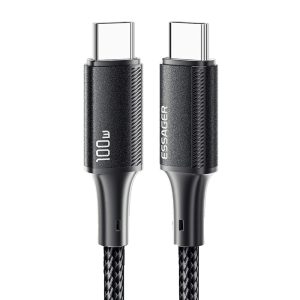 ESSAGER 3m Type-C to Type-C PD 100W Phone Tablet Laptop Fast Charging Cord Nylon Braided Data Cable – Black