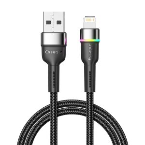 ESSAGER 2m USB-A to 6Pin 3A Fast Charging Cable LED Lighting 480Mbps Transfer Data Cable Cord – Black