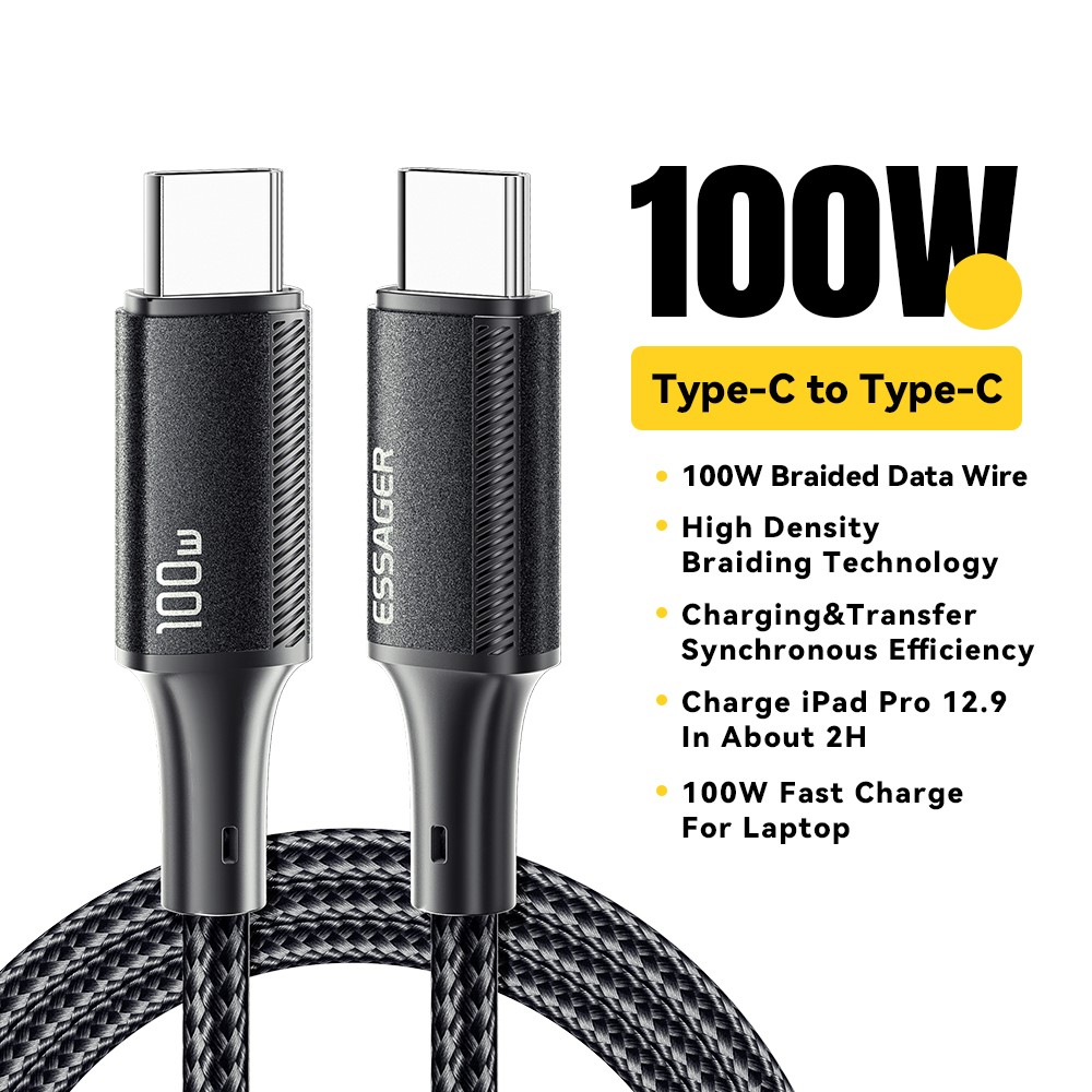 ESSAGER 3m Type-C to Type-C PD 100W Phone Tablet Laptop Fast Charging Cord Nylon Braided Data Cable - Black - Image 2