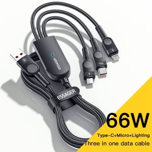 ESSAGER 1.2m 3 in 1 Micro / Type-C / Lightning Data Cable 66W Fast Charging Cord – Black
