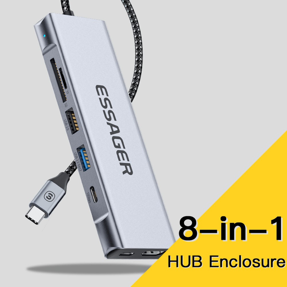 ESSAGER 8-In-1 Type-C Hub to HD 4K Output, PD 100W Port, 10Gbps Type-C, USB 3.2, USB 2.0, 2 Card Reader Slots and SSD Slot - Image 2