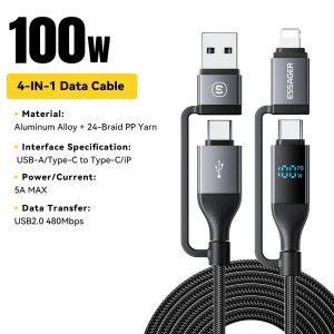 ESSAGER 4-in-1 Data Cable Digital Display PD 100W Fast Charging Cable 1m