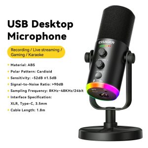 ESSAGER ABS Desktop Microphone with XLR / Type-C / 3.5mm Interface and 1.8m Cable DSP Noise Reduction – Black