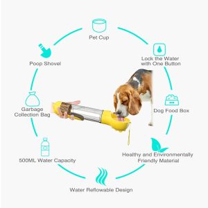 Multifunction Pet Dog Food Storage Box Water Bottle, with Poop Bag Dispenser+500ML Water Bottle Gift+Food Storage Box – Green
