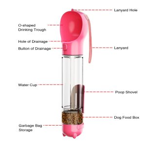 Multifunction Pet Dog Food Storage Box Water Bottle, with Poop Bag Dispenser+500ML Water Bottle Gift+Food Storage Box – Pink