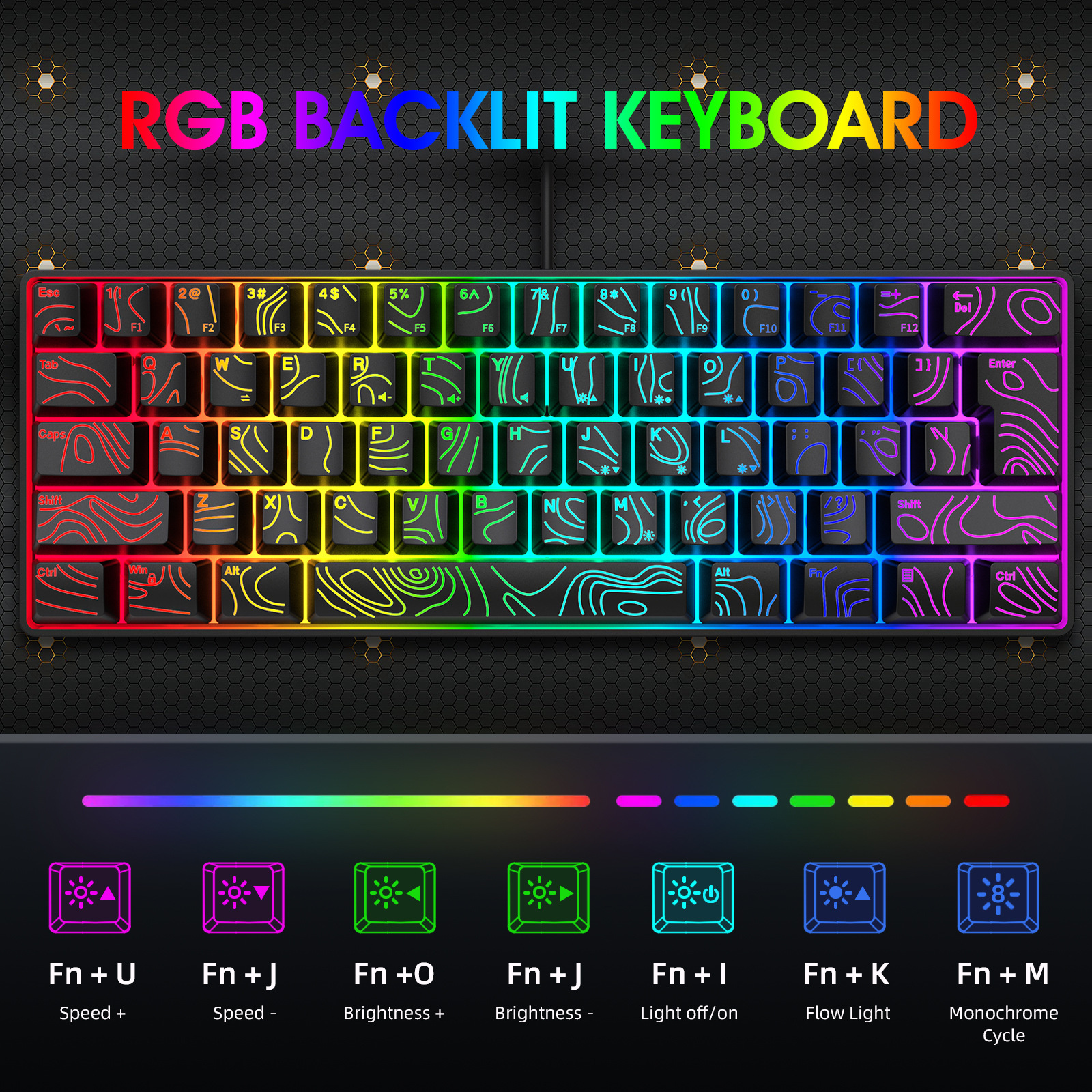 Y-FRUITFUL K401 61 Keys Gaming Keyboard with RGB Light 1.8m Wired Mechanical Keyboard for PC / Laptop - Black - Image 3