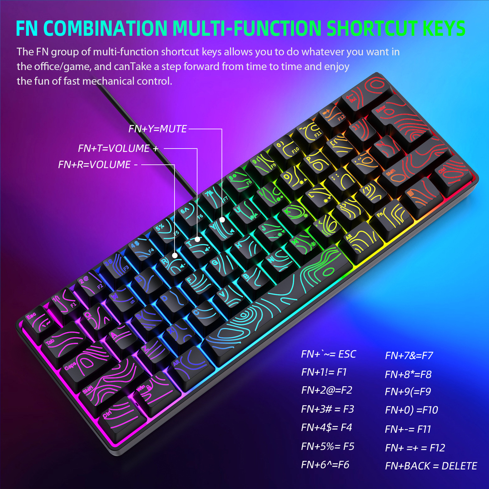 Y-FRUITFUL K401 61 Keys Gaming Keyboard with RGB Light 1.8m Wired Mechanical Keyboard for PC / Laptop - Black - Image 4