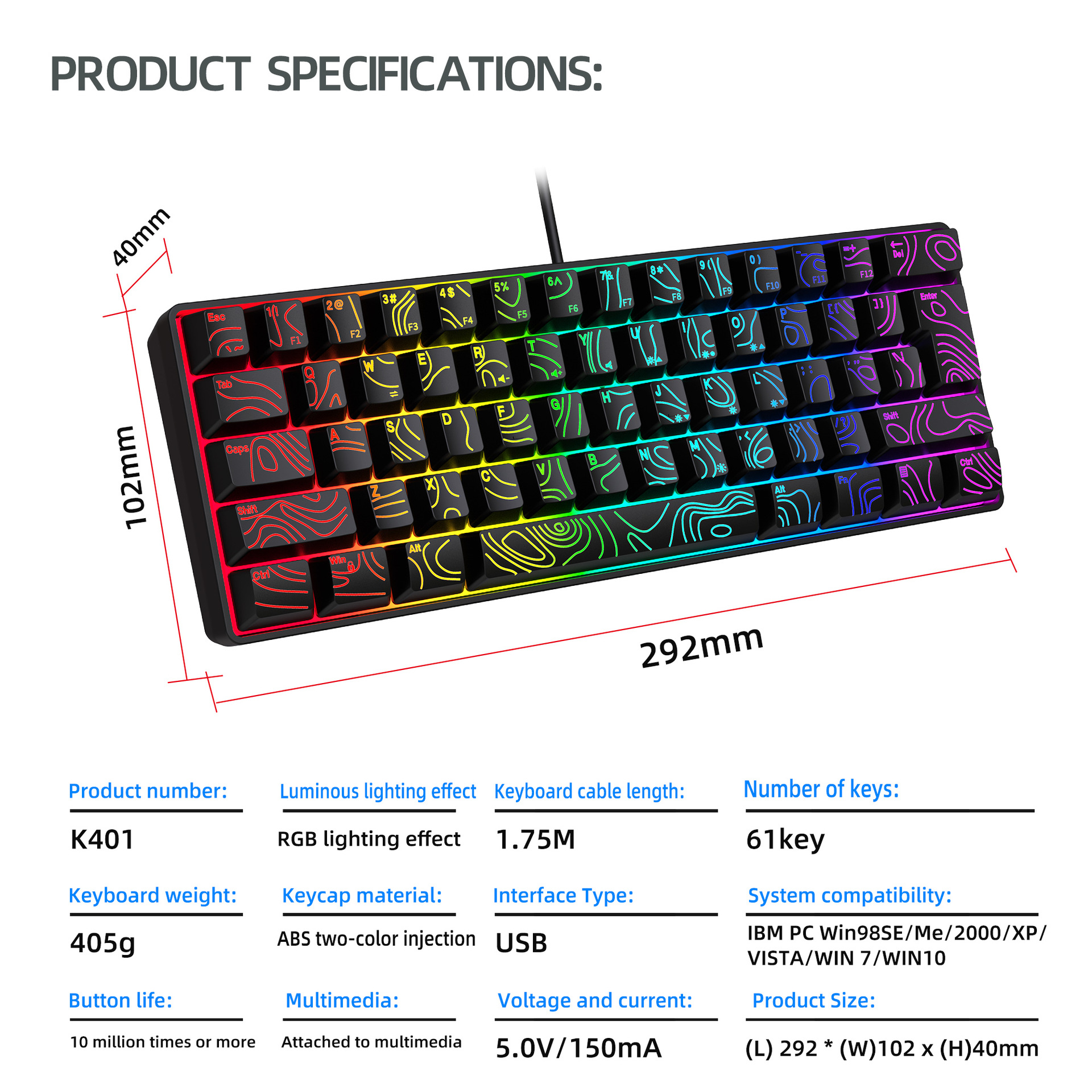 Y-FRUITFUL K401 61 Keys Gaming Keyboard with RGB Light 1.8m Wired Mechanical Keyboard for PC / Laptop - Black - Image 5