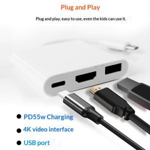 HC-04D USB-C Hub 3 in 1 Docking Station Type-C to 4K HD USB3.0 Splitter Adapter – White