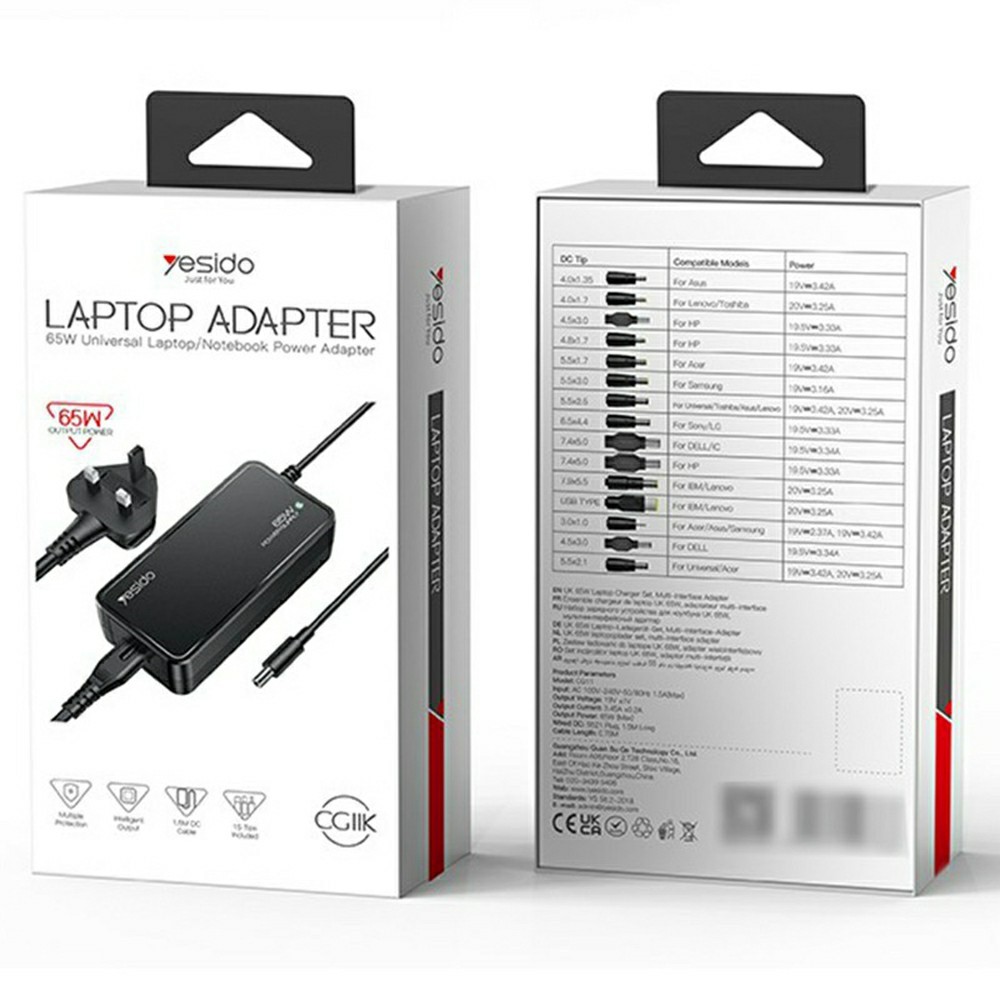 YESIDO CG11K Laptop Charger Kit 65W Power Adapter with 14 DC Connectors - UK Plug - Image 5