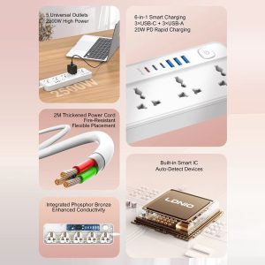 LDNIO SC5614 Power Strip 5 Outlets 6 USB Ports 2500W PD Fast Charging with 2m Cable for Office Home – UK Plug