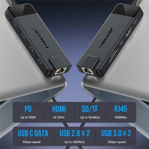 LEMORELE TC93 USB-C Docking Station 10 in 1 Hub Adapter Multiport with HD / Ethernet / Card Reader / PD Charging