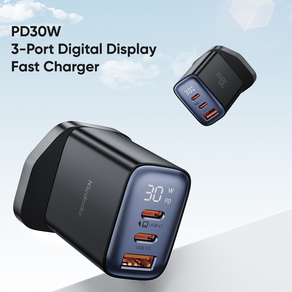 MCDODO CH-2170 30W 3-Port Digital Display Fast Charger (Dual Type-C+USB-A), UK Plug - Black - Image 3