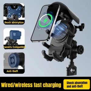 Wireless Charging Motorcycle Phone Holder with Sun Visor & Anti-Theft Lock 360-degree Rotation, Camera Compatible Handbar Version