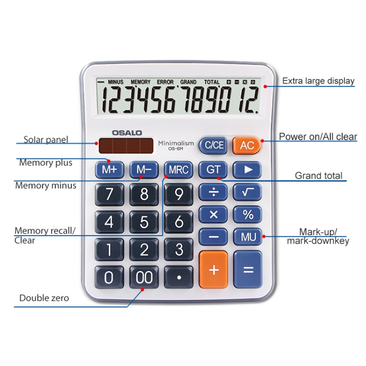OSALO OS-6M 12-digit Office Desktop Calculator Solar Dual Power Calculator - Image 2