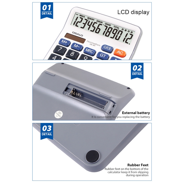 OSALO OS-6M 12-digit Office Desktop Calculator Solar Dual Power Calculator - Image 4