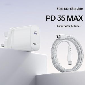 YESIDO YC153 UK Plug PD 35W USB-C Wall Charger Fast Charging Adapter with 1m Type-C Cable for Laptop Phone – White