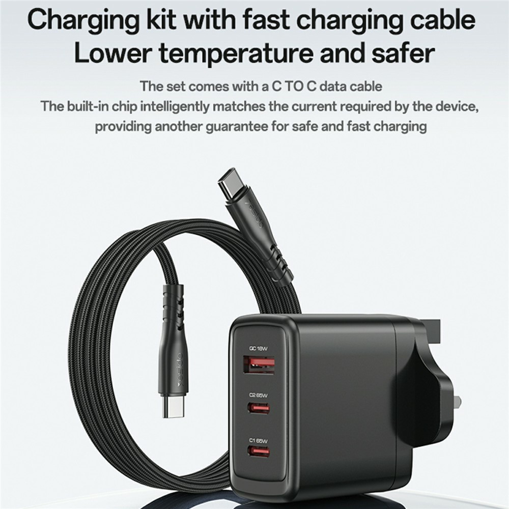 YESIDO YC98C UK Plug 65W High Power GaN Fast Charger 2 USB C + 1 USB A Power Adapter with 1.2m Type C Cable - Image 3