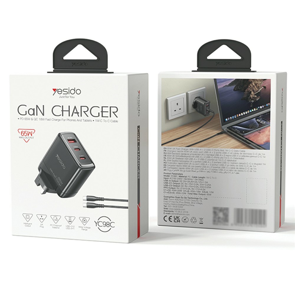 YESIDO YC98C UK Plug 65W High Power GaN Fast Charger 2 USB C + 1 USB A Power Adapter with 1.2m Type C Cable - Image 4