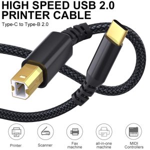 1M Printer Cable USB C to USB B Extension Cable 480Mbps Data Transfer Braided Cable for Windows, MacOS, Linux Systems – Black