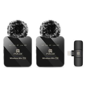 PULUZ PU647B Clip On Mic with 8 Pin Receiver Wireless Lavalier Microphone System, 2 Mic + 1 Receiver