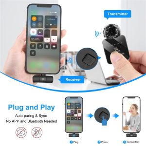 PULUZ PU647B Clip On Mic with 8 Pin Receiver Wireless Lavalier Microphone System, 2 Mic + 1 Receiver