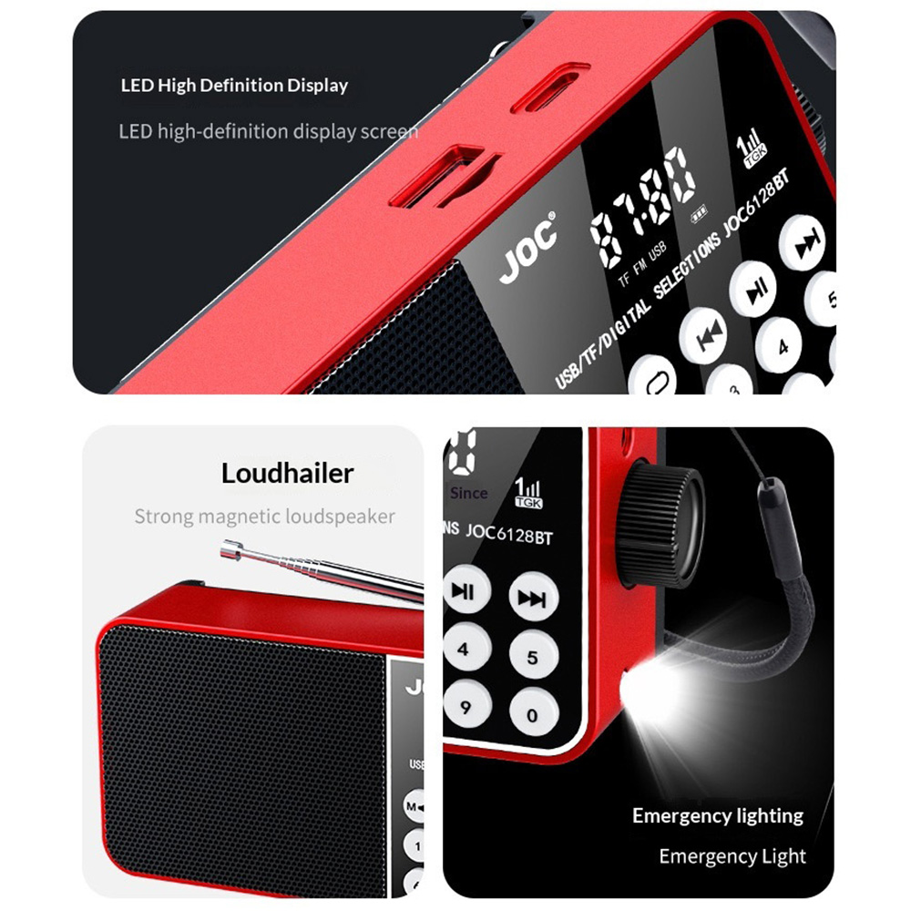 JOC 6128BT LED Display Digital Radio with Emergency Light Bluetooth-compatible FM Radio Support TF Card - Gray - Image 4